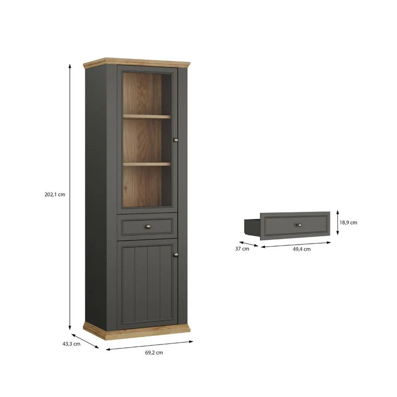 Vetrina 1 anta vetro e 1 anta con cassetto 202 cm colore grigio scuro e rovere Essenza
