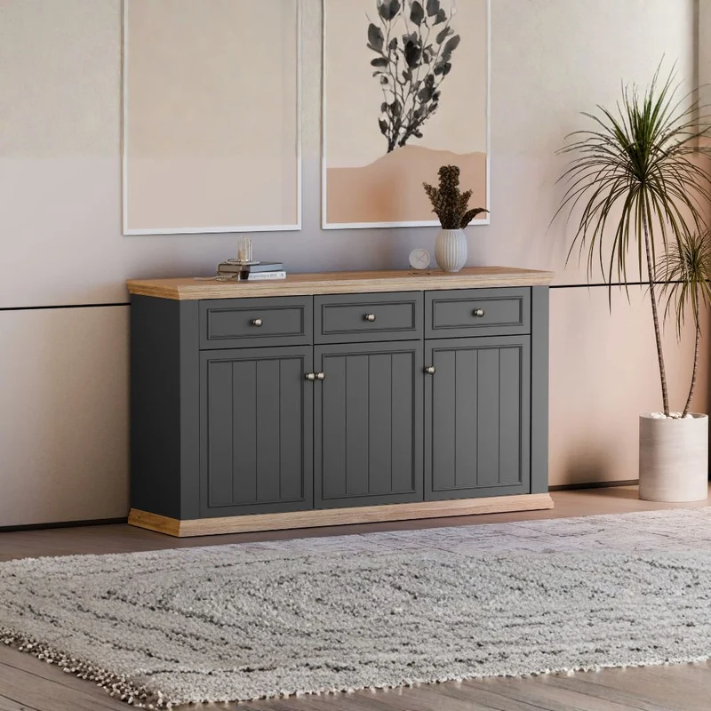 Madia 3 ante e 3 cassetti colore grigio scuro e rovere 169 cm Essenza