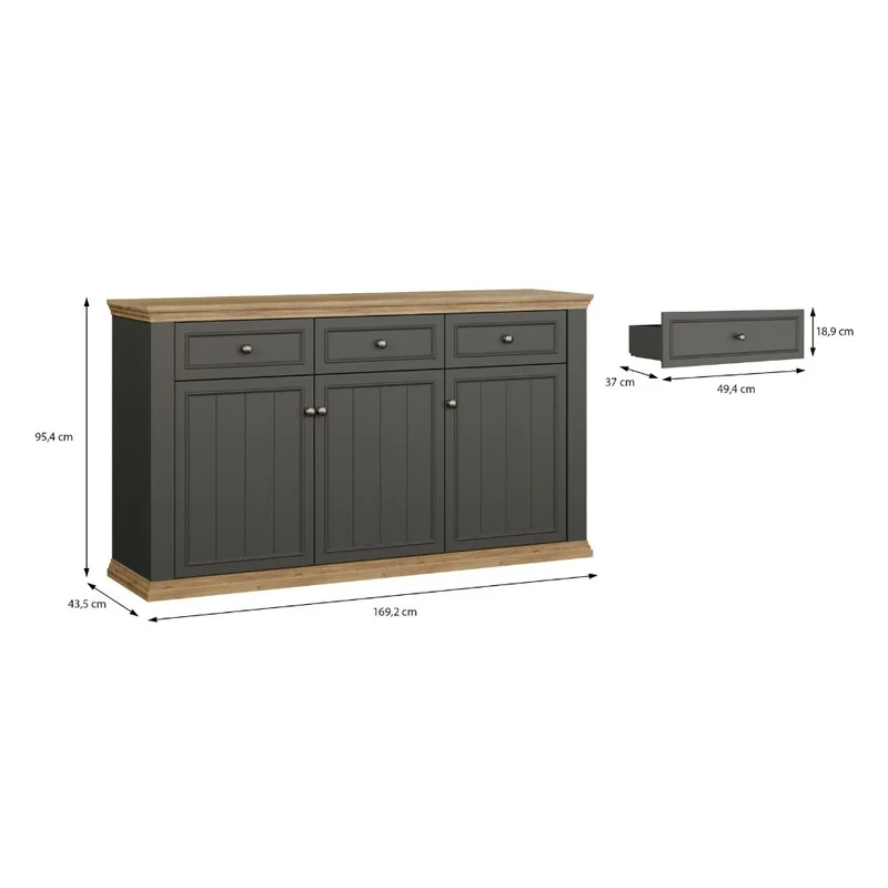 Madia 3 ante e 3 cassetti colore grigio scuro e rovere 169 cm Essenza