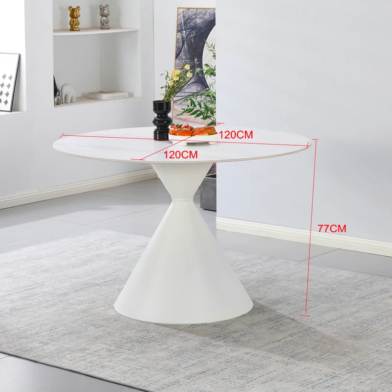 Tavolo rotondo Ø120 cm in ceramica effetto marmo bianco con base conica in metallo Taini