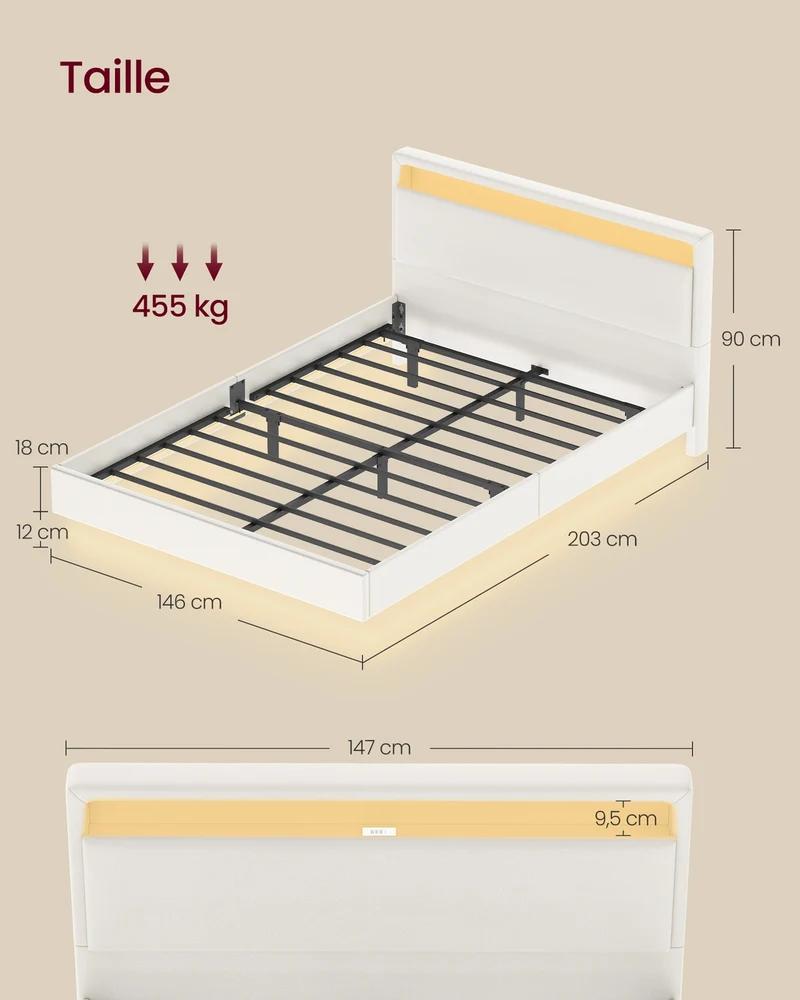 Lit double flottant moderne avec éclairage LED 203 x 147 x 90 cm tête de lit haute style contemporain en PU blanc 12_0012222