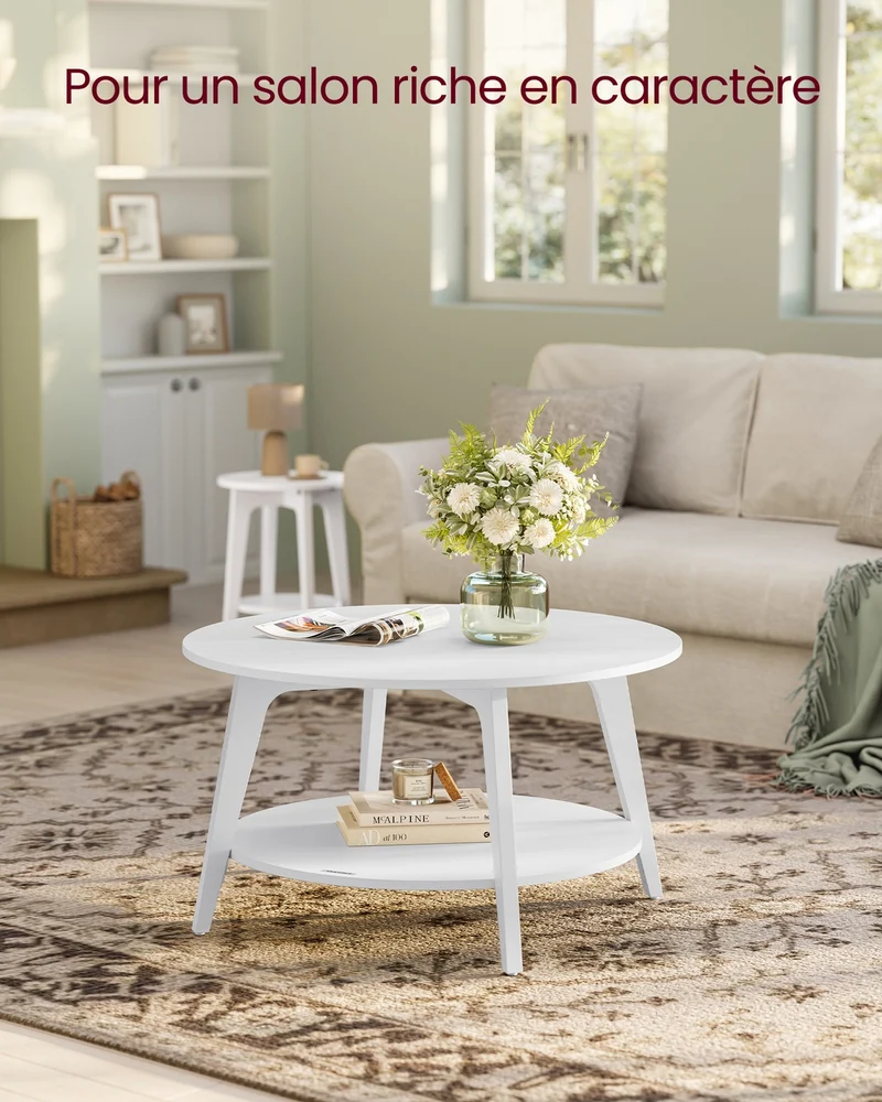 Table basse ronde design moderne 80 x 45 cm usage salon deux niveaux en aggloméré blanc nuage 12_0011765