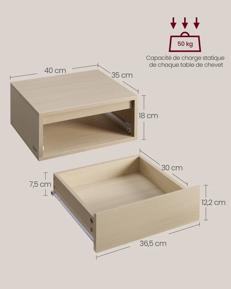 Lot de 2 tables de chevet suspendues modernes 35 x 40 x 18 cm avec tiroir et étagère murale en MDF beige naturel 12_0011730