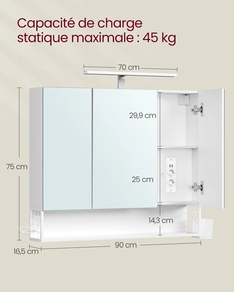 Meuble de salle de bain avec éclairage LED 16,5 x 90 x 75 cm rangement pratique style moderne en acier blanc 12_0013151