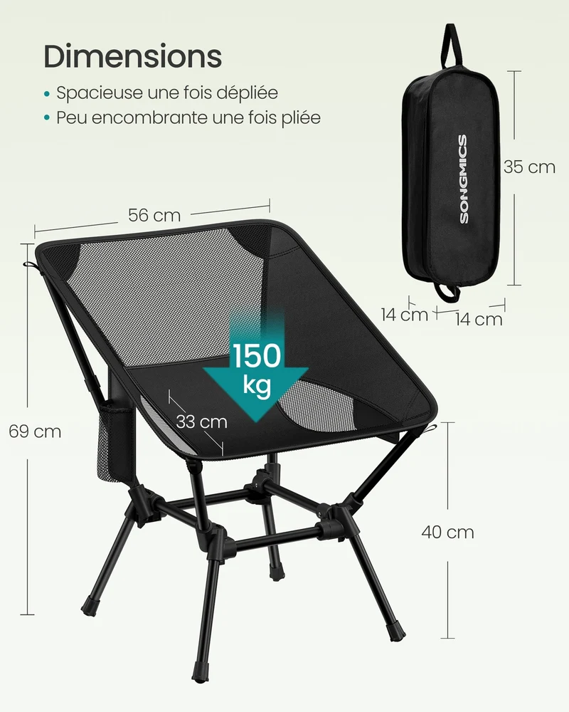 Chaise de camping pliante 48 x 56 x 69 cm légère avec poches de rangement pour voyages en plastique noir 12_0013000