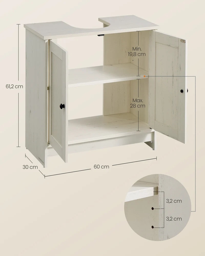 Meuble sous lavabo avec étagère réglable 30 x 60 x 61,2 cm design rustique rangement facile en aggloméré blanc 12_0012924