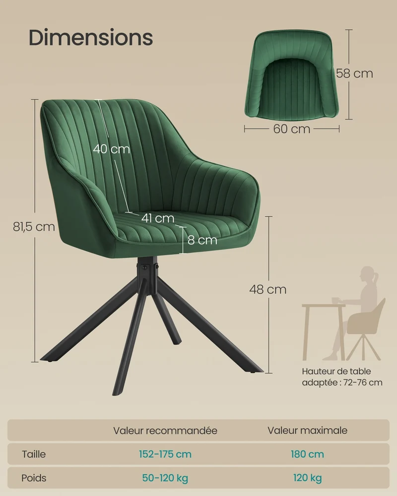 Lot de 2 chaise de salle à manger pivotante confort rembourrée 58 x 60 x 81,5 cm en velours noir 12_0012564