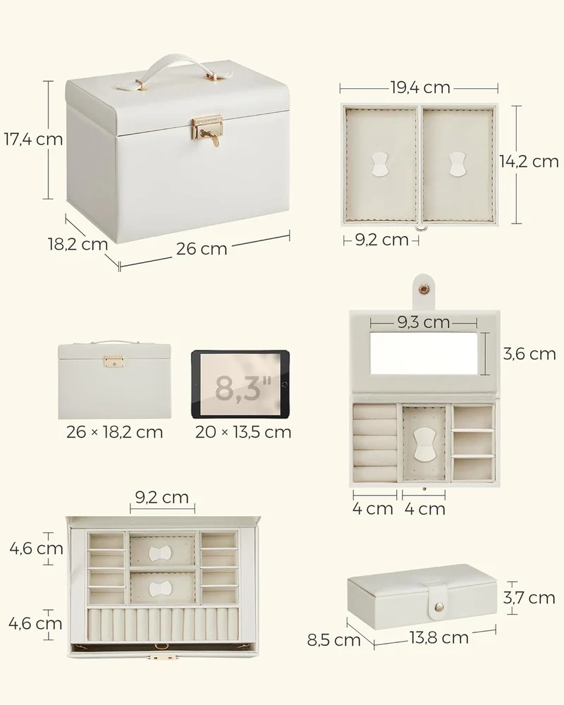 Boîte à bijoux élégante avec mini-boîte rangement 18,2 x 26 x 17,4 cm en PU blanc 12_0012552