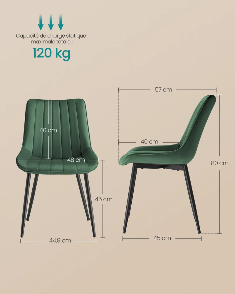 Lot de 6 chaises de salle à manger ergonomiques confortables 57 x 48 x 80 cm en acier noir 12_0012231