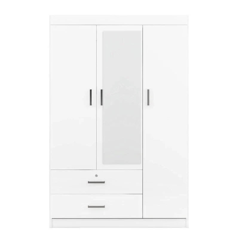 Armoire penderie 3 portes avec miroirs, étagères et 2 tiroirs