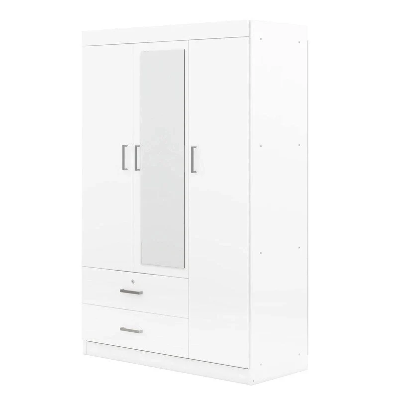 Armoire penderie 3 portes avec miroirs, étagères et 2 tiroirs