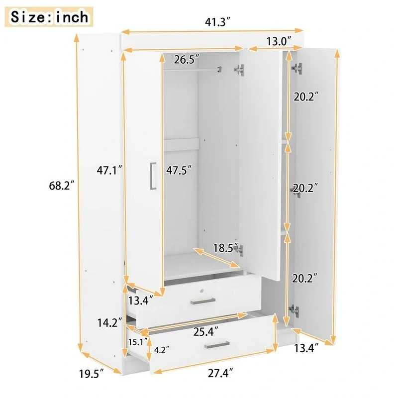 Armoire penderie 3 portes avec miroirs, étagères et 2 tiroirs