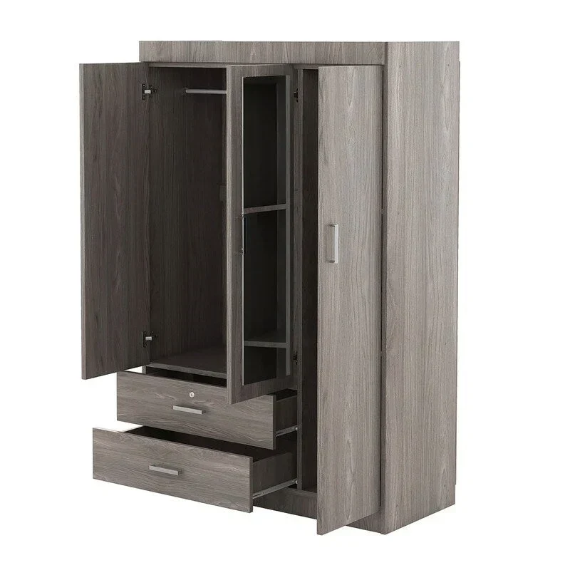 Armoire penderie 3 portes avec miroirs, étagères et 2 tiroirs