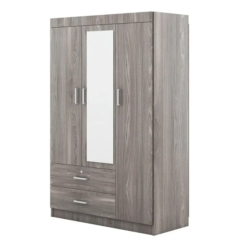 Armoire penderie 3 portes avec miroirs, étagères et 2 tiroirs