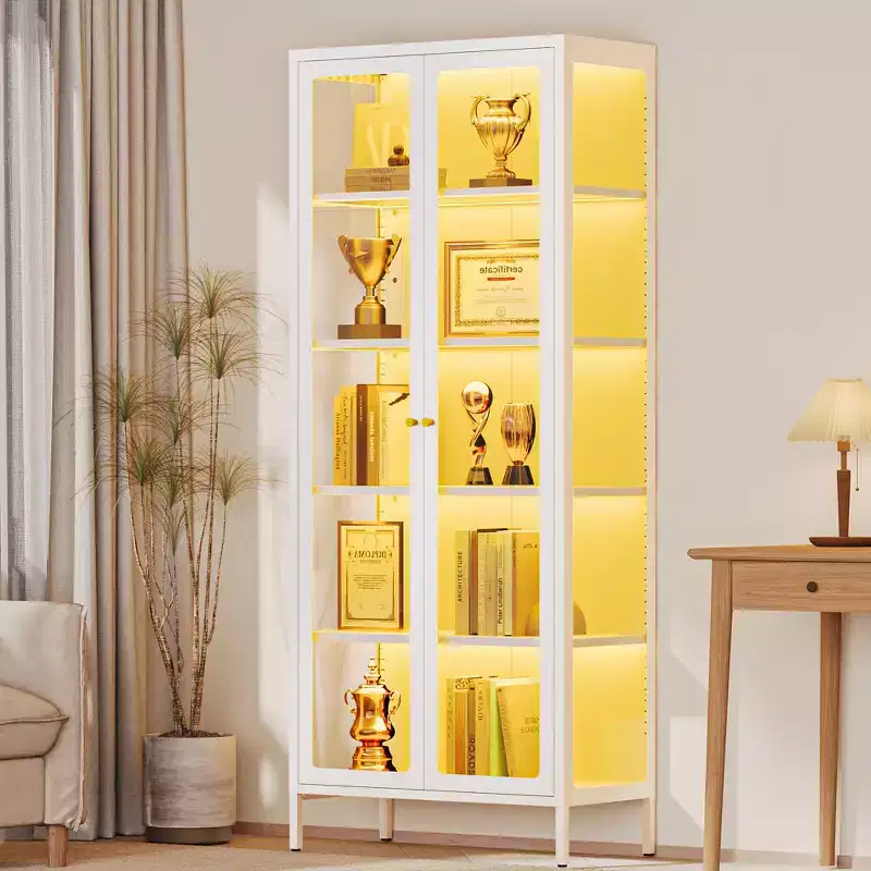 Bekrvio 67H Vitrine en Verre à 3 Côtés avec Lumières LED, Rangement à 5 Niveaux avec Double Porte et Cadre Métallique pour Objets de Collection, Idéale pour les Petits Espaces