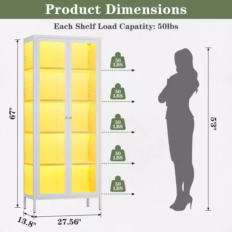 Bekrvio 67H Vitrine en Verre à 3 Côtés avec Lumières LED, Rangement à 5 Niveaux avec Double Porte et Cadre Métallique pour Objets de Collection, Idéale pour les Petits Espaces