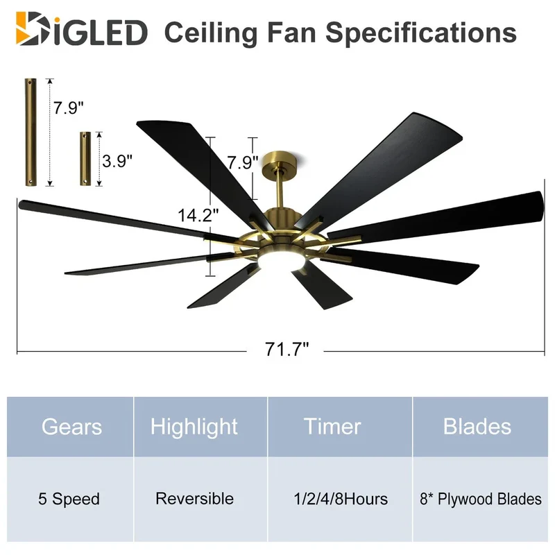 Ventilateur de plafond télécommandé avec lumières, grandes 8 pales en bois