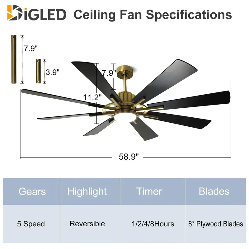Ventilateur de plafond télécommandé avec lumières, grandes 8 pales en bois