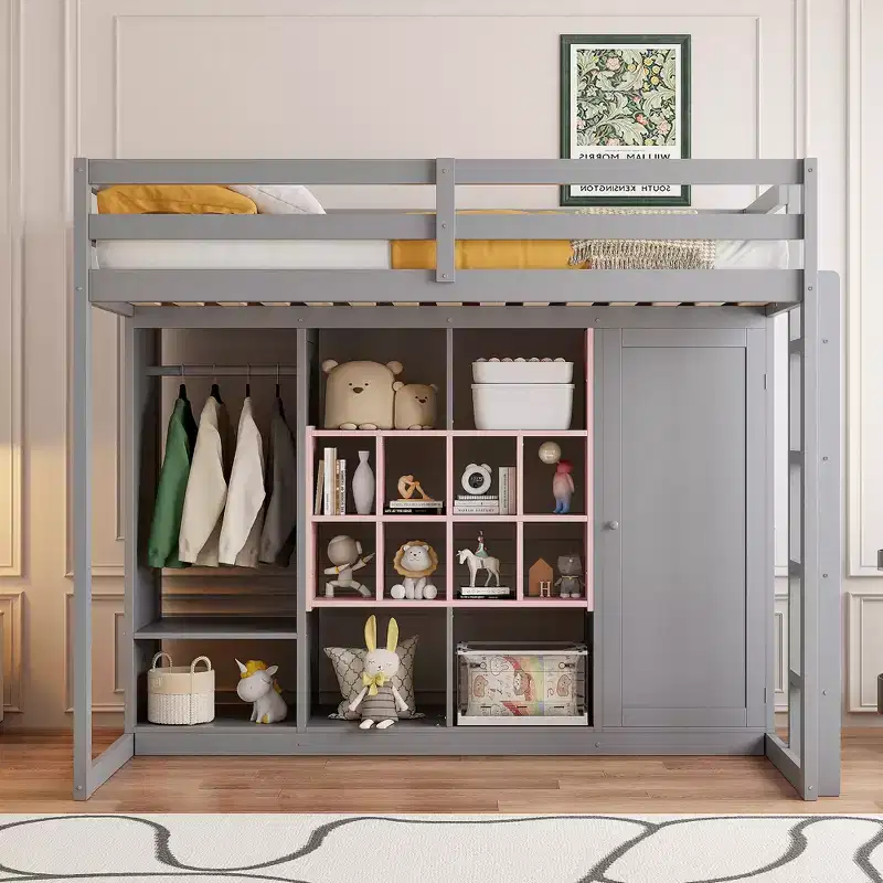 Lit mezzanine enfant avec armoire et étagères, Cadre de lit mezzanine en bois avec meuble de rangement pour enfants et adolescents