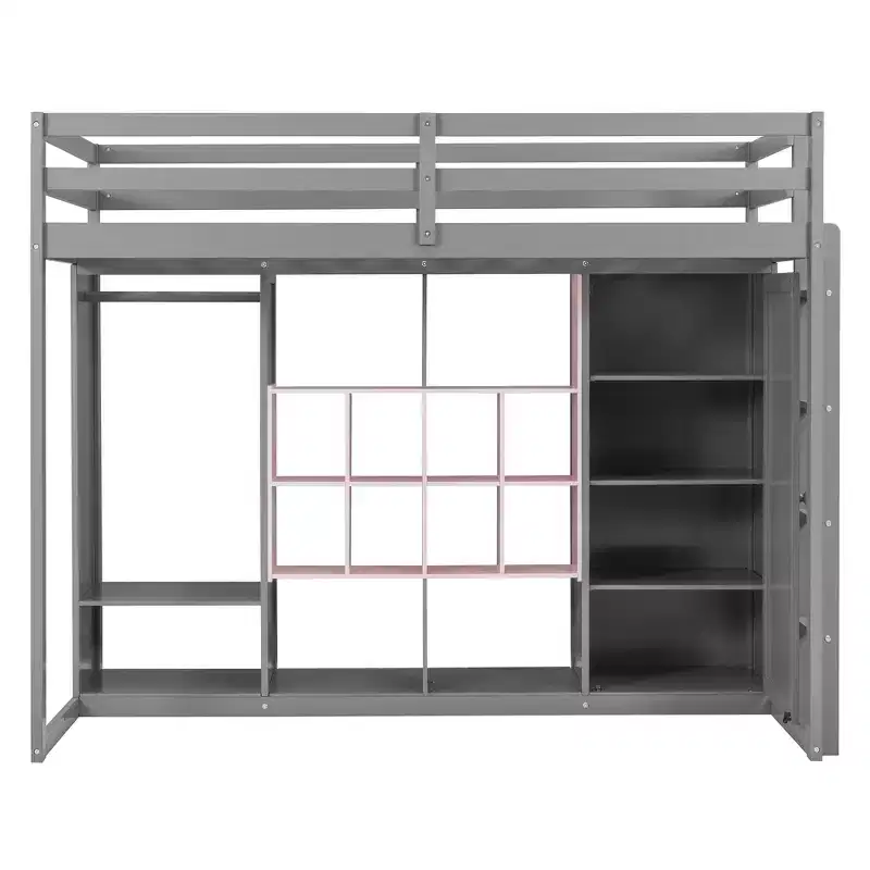 Lit mezzanine enfant avec armoire et étagères, Cadre de lit mezzanine en bois avec meuble de rangement pour enfants et adolescents