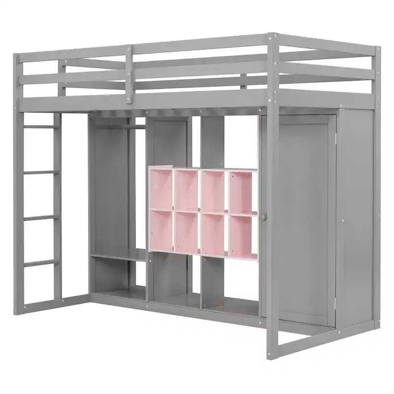 Lit mezzanine enfant avec armoire et étagères, Cadre de lit mezzanine en bois avec meuble de rangement pour enfants et adolescents