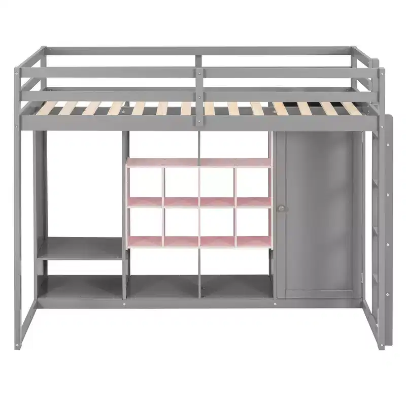 Lit mezzanine enfant avec armoire et étagères, Cadre de lit mezzanine en bois avec meuble de rangement pour enfants et adolescents