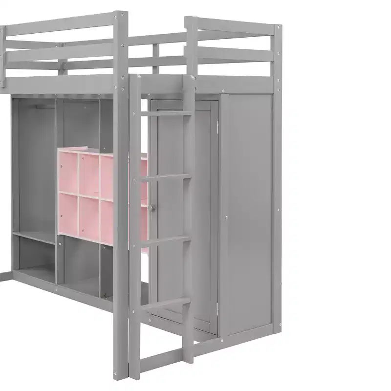 Lit mezzanine enfant avec armoire et étagères, Cadre de lit mezzanine en bois avec meuble de rangement pour enfants et adolescents