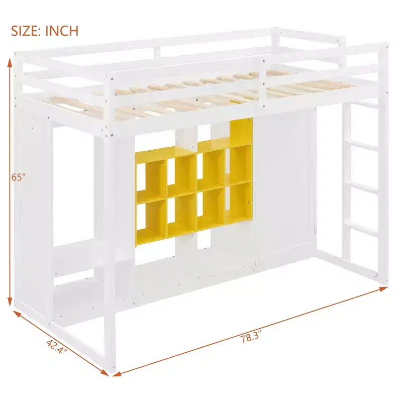 Lit mezzanine enfant avec armoire et étagères, Cadre de lit mezzanine en bois avec meuble de rangement pour enfants et adolescents