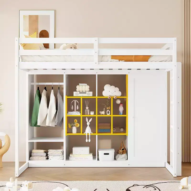Lit mezzanine enfant avec armoire et étagères, Cadre de lit mezzanine en bois avec meuble de rangement pour enfants et adolescents
