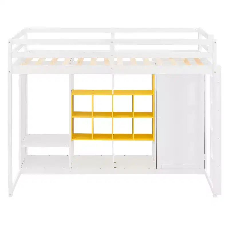 Lit mezzanine enfant avec armoire et étagères, Cadre de lit mezzanine en bois avec meuble de rangement pour enfants et adolescents