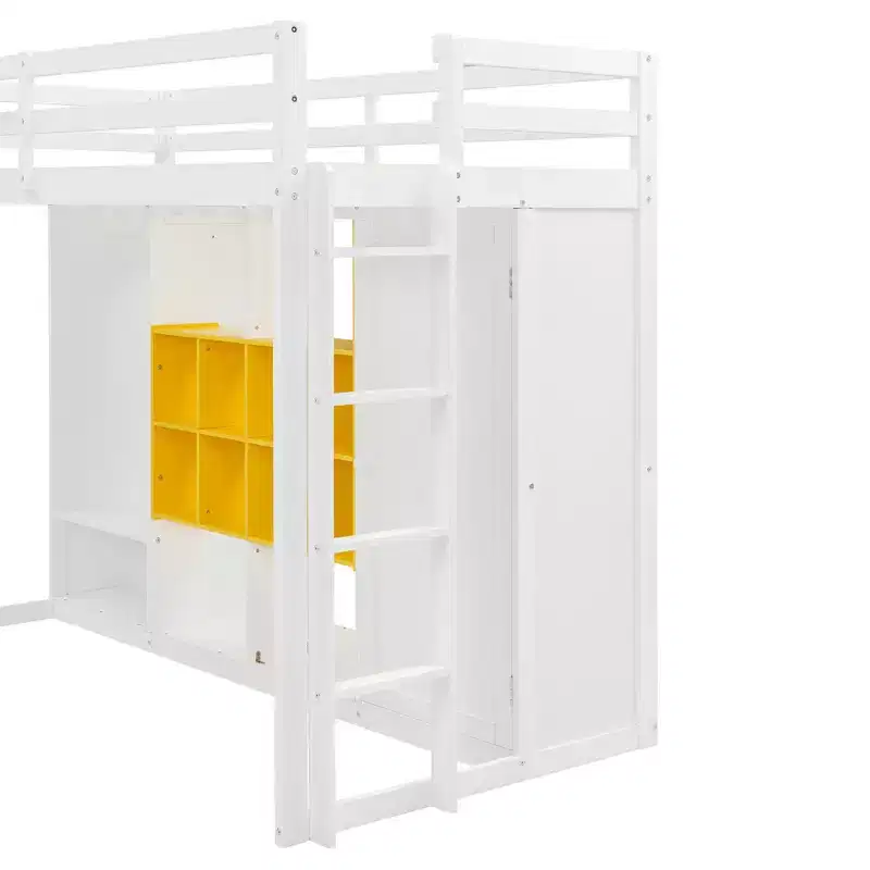 Lit mezzanine enfant avec armoire et étagères, Cadre de lit mezzanine en bois avec meuble de rangement pour enfants et adolescents