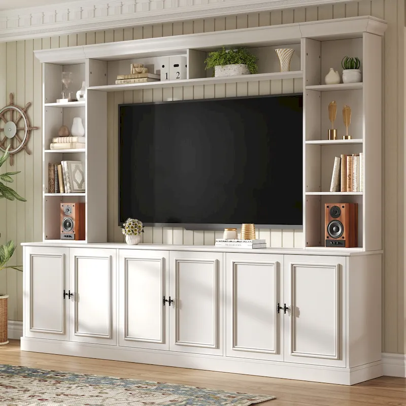 Ensemble mural de 4 meubles TV avec pont pour téléviseurs jusqu'à 70 pouces, meuble TV avec étagères réglables, grande console multimédia