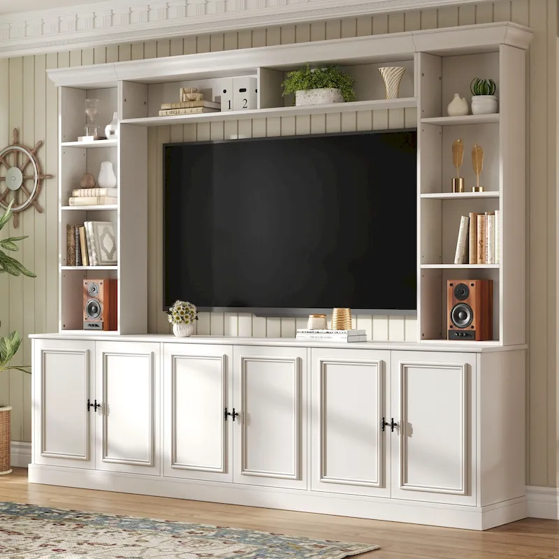 Ensemble mural de 4 meubles TV avec pont pour téléviseurs jusqu'à 70 pouces, meuble TV avec étagères réglables, grande console multimédia
