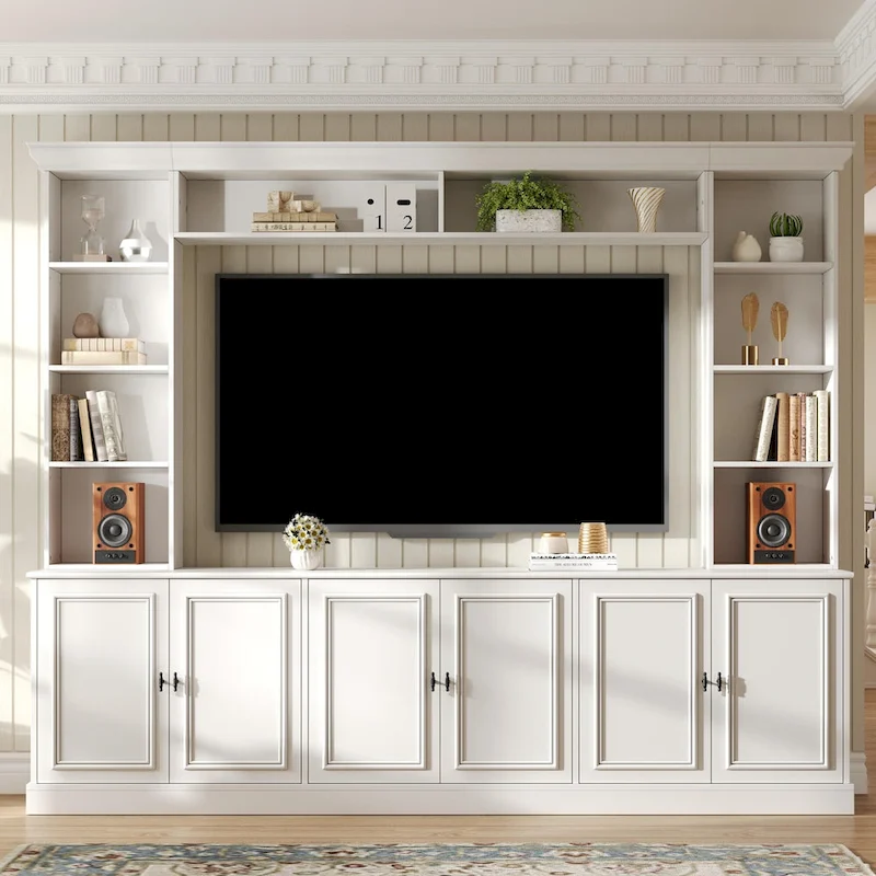 Ensemble mural de 4 meubles TV avec pont pour téléviseurs jusqu'à 70 pouces, meuble TV avec étagères réglables, grande console multimédia