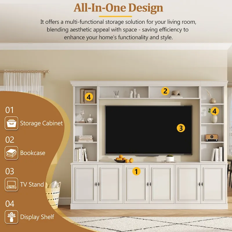 Ensemble mural de 4 meubles TV avec pont pour téléviseurs jusqu'à 70 pouces, meuble TV avec étagères réglables, grande console multimédia