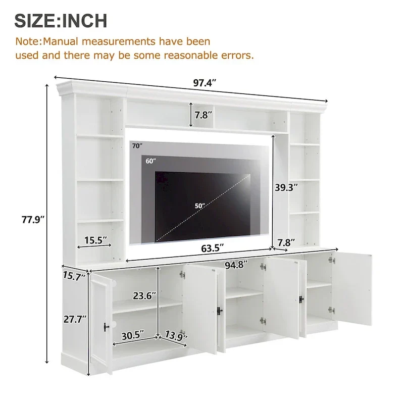 Ensemble mural de 4 meubles TV avec pont pour téléviseurs jusqu'à 70 pouces, meuble TV avec étagères réglables, grande console multimédia