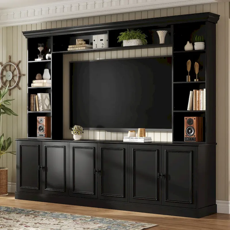 Ensemble mural de 4 meubles TV avec pont pour téléviseurs jusqu'à 70 pouces, meuble TV avec étagères réglables, grande console multimédia