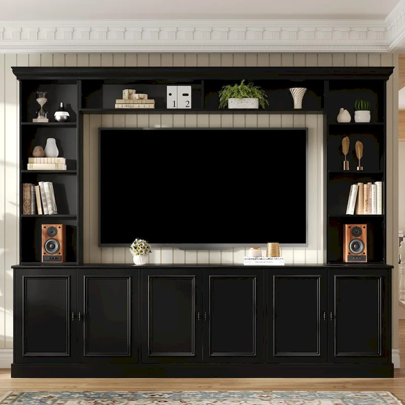 Ensemble mural de 4 meubles TV avec pont pour téléviseurs jusqu'à 70 pouces, meuble TV avec étagères réglables, grande console multimédia