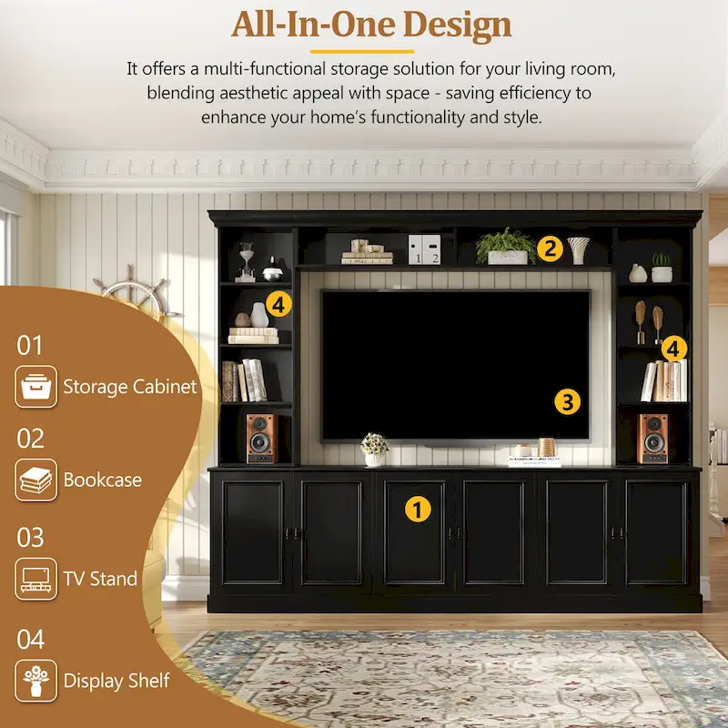 Ensemble mural de 4 meubles TV avec pont pour téléviseurs jusqu'à 70 pouces, meuble TV avec étagères réglables, grande console multimédia