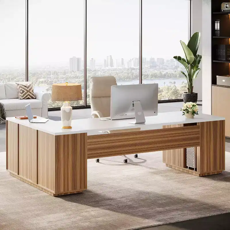 Bureau de Direction Lantine 85.8 en L, Très Grand Bureau Informatique avec Tiroirs de Classement pour Bureau à Domicile