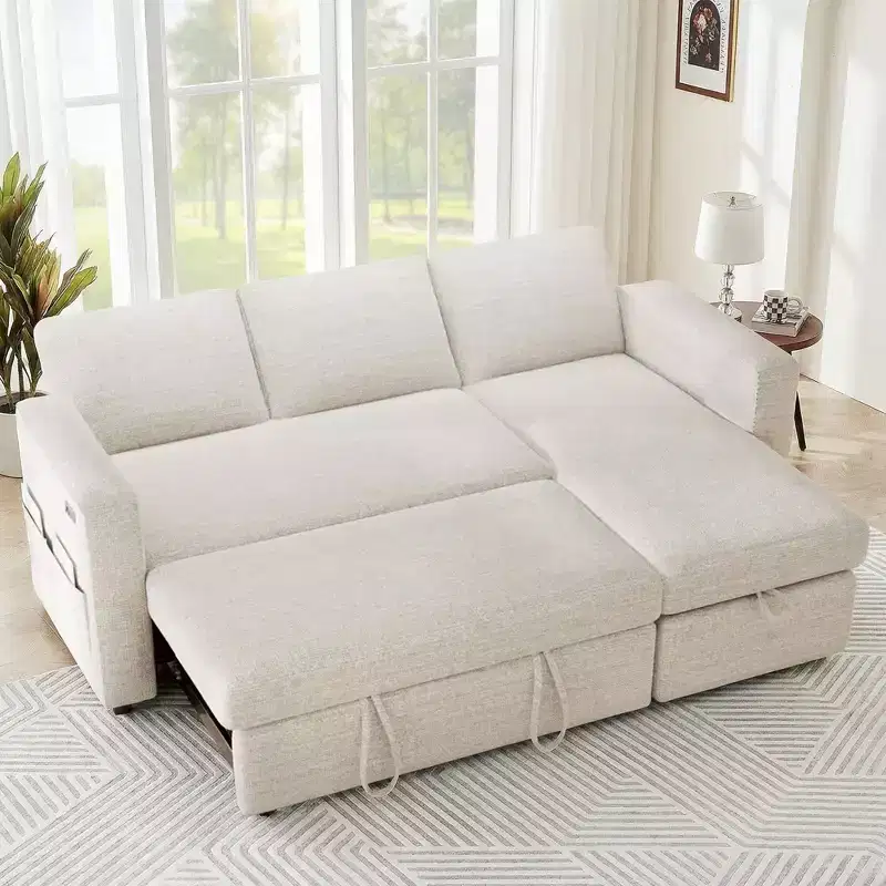 Canapé-lit convertible 2-en-1 avec méridienne de rangement, canapé d'angle en chenille avec ports USB pour salon