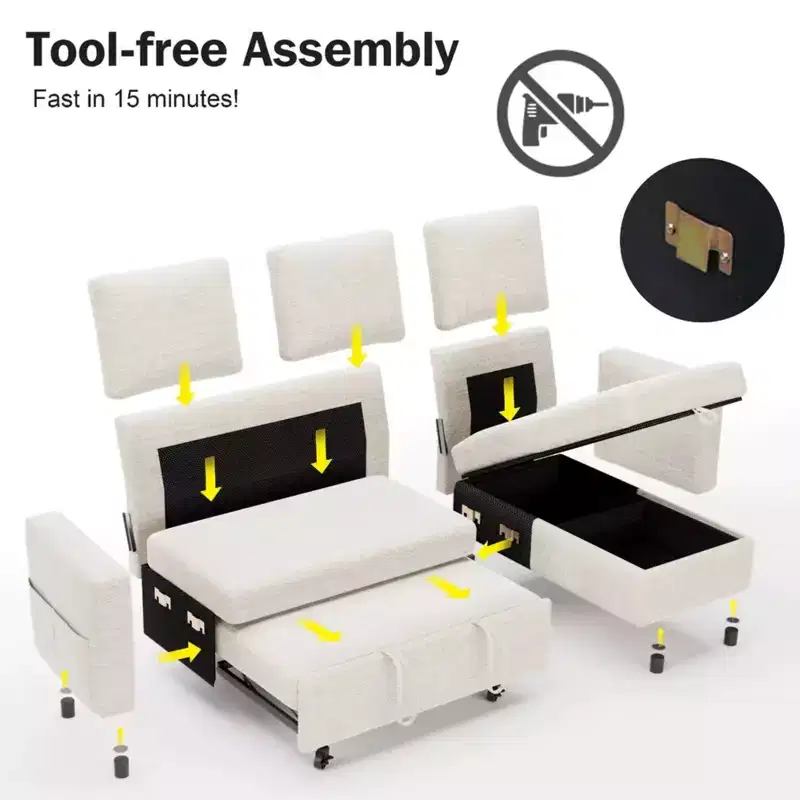 Canapé-lit convertible 2-en-1 avec méridienne de rangement, canapé d'angle en chenille avec ports USB pour salon