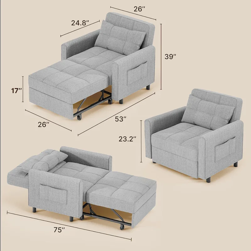 Canapé-lit convertible 3 en 1, chaise longue rembourrée réglable et pliable