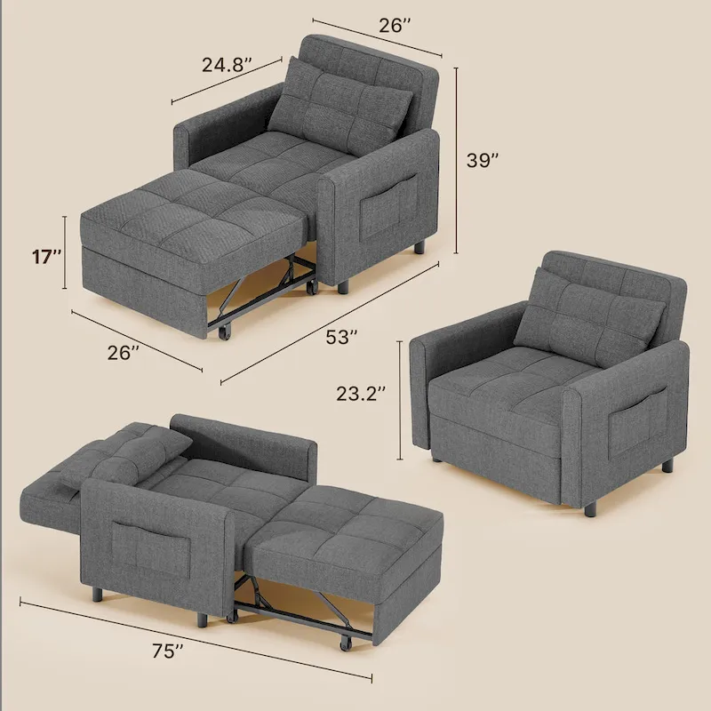 Canapé-lit convertible 3 en 1, chaise longue rembourrée réglable et pliable