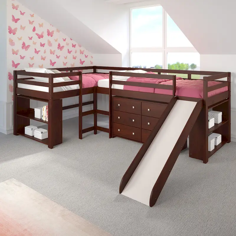 Ensemble de chambre mezzanine en L Double Twin avec toboggan, finition cappuccino foncé