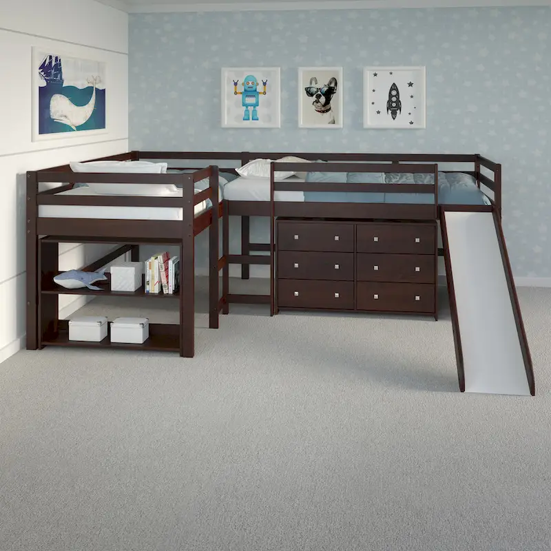 Ensemble de chambre mezzanine en L Double Twin avec toboggan, finition cappuccino foncé