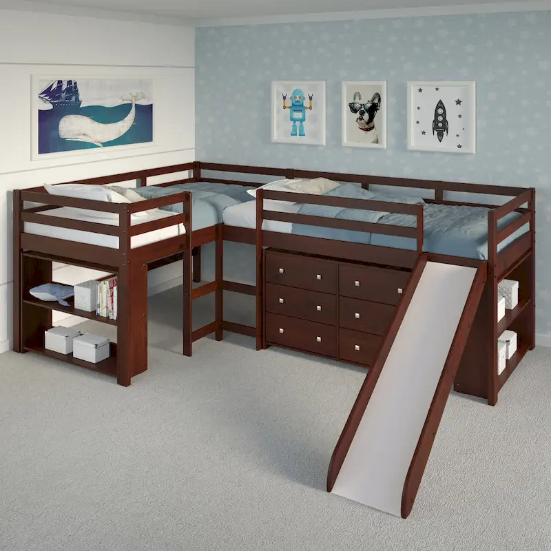 Ensemble de chambre mezzanine en L Double Twin avec toboggan, finition cappuccino foncé