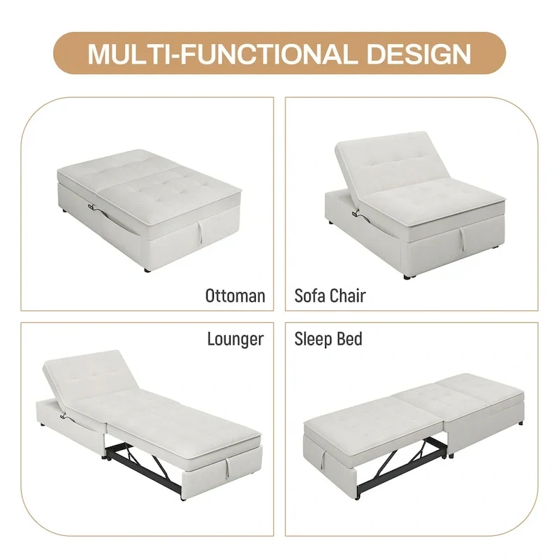 Canapé convertible 3 places 4-en-1 en lin 72,5" avec dossier réglable sur 5 niveaux et poche de rangement