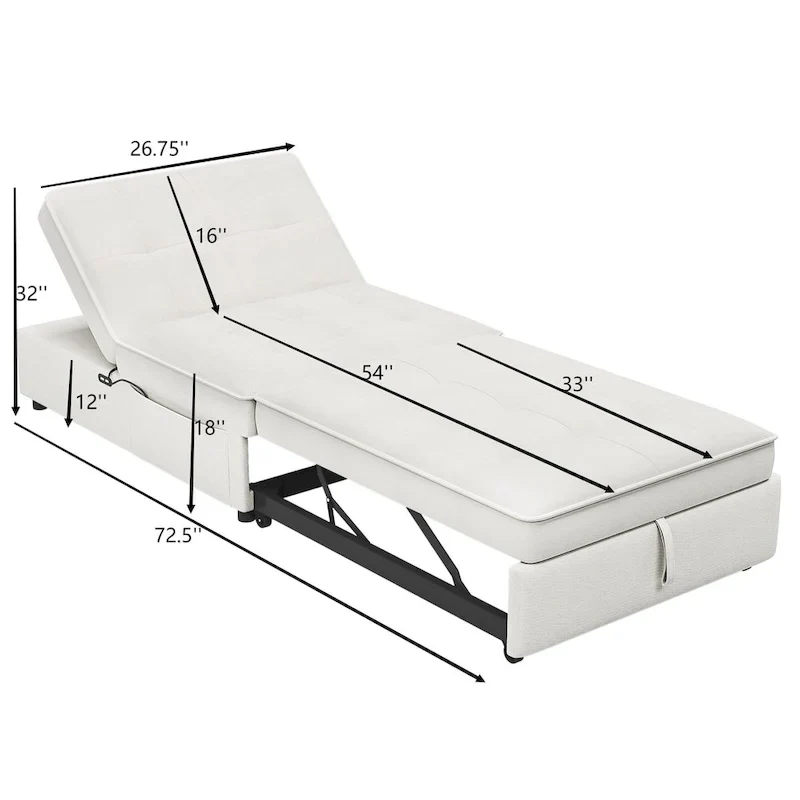 Canapé convertible 3 places 4-en-1 en lin 72,5" avec dossier réglable sur 5 niveaux et poche de rangement