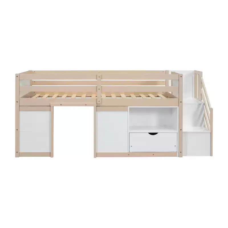 Lit mezzanine bas en bois massif, taille double, avec escalier, tiroir et étagère, design moderne et épuré, 94,6 L x 42,3 l po
